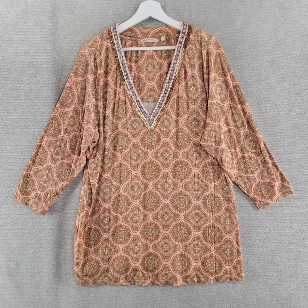 Soft Surroundings Womens Top Medallion Beaded Jersey Tunic Size 1X Brown Peach